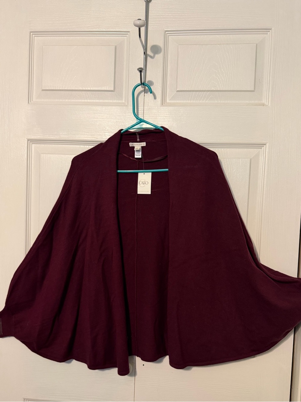 Cato Burgundy Cape Cardigan
Open Front Draped Shrug
Size L NWT